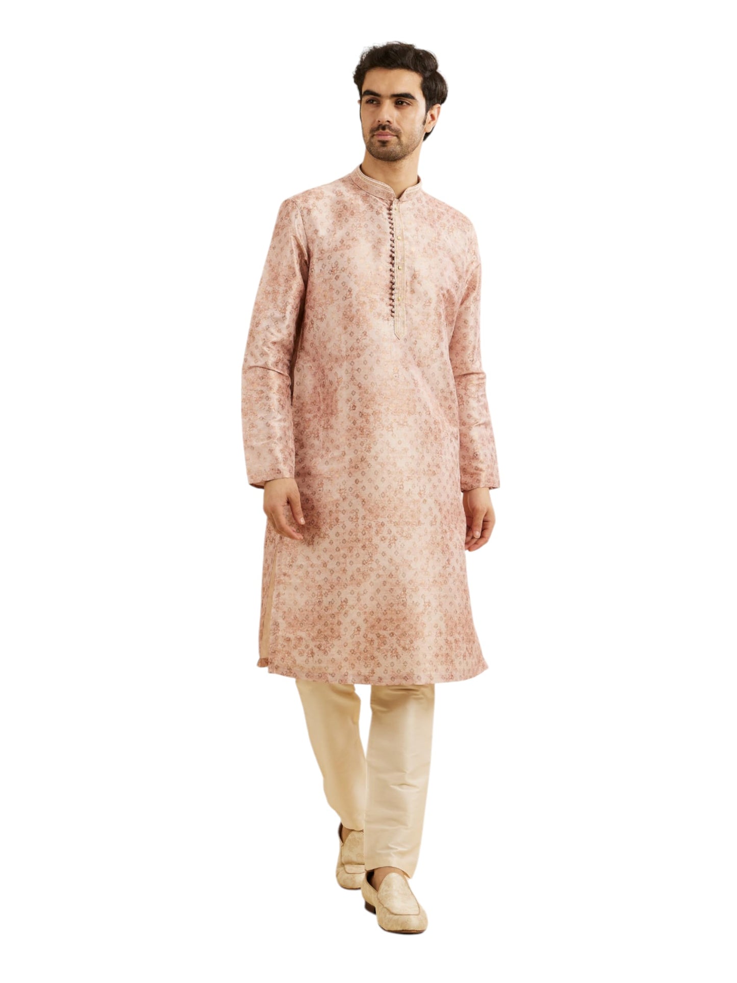 Manyavar Men's Art Silk Printed Kurta Pyjama Set (Peach,XXXL)
