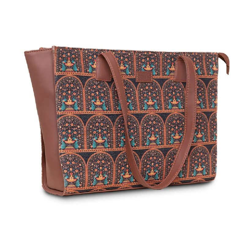 ZOUK Royal Indian Peacock Motif Printed Jute Handcrafted Vegan Leather Women's Multicolor Structured Tote Bag