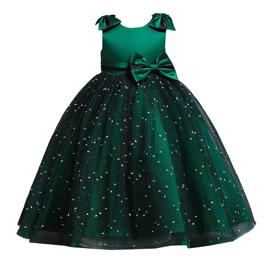 Hopscotch Girls Polyester Bow Applique Party Dress in Green Color For Ages 8-9 Years (XIP-4124427)