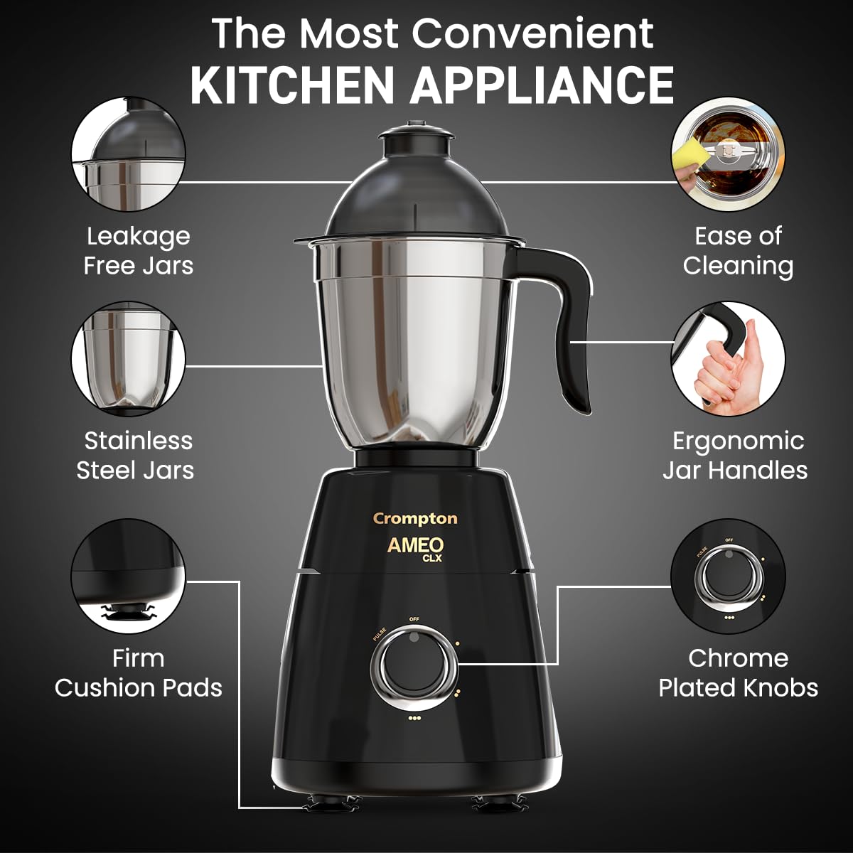 Crompton Ameo Classic 750W Mixer Grinder | Powertron Motor | MaxiGrind Technology | 3 Stainless Steel Jars | 1 Blender Jar with fruit filter | Black