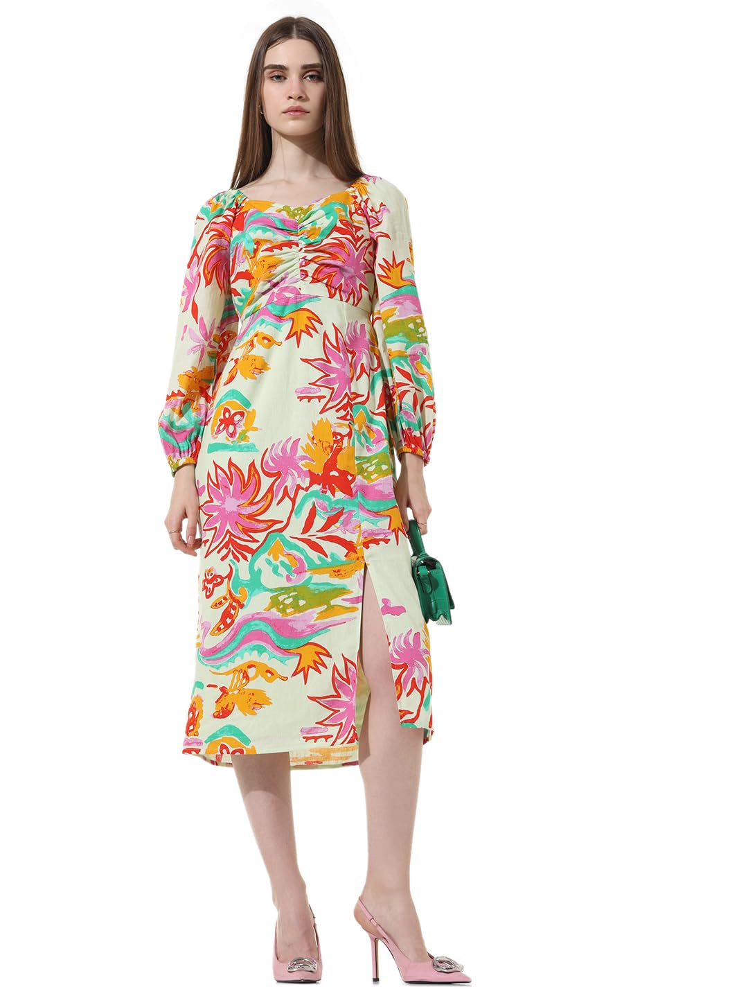 ONLY Women Printed Cotton Blend Green Midi Dress