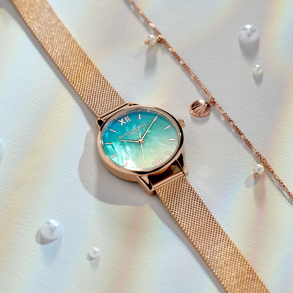 Olivia Burton Under The Sea Qtz Basic Slim Ombre Teal to White Mother of Pearl Round Dial Women's Watch|Ionic Plated Rose Gold Steel Material|Gold Color Band - OB16US66