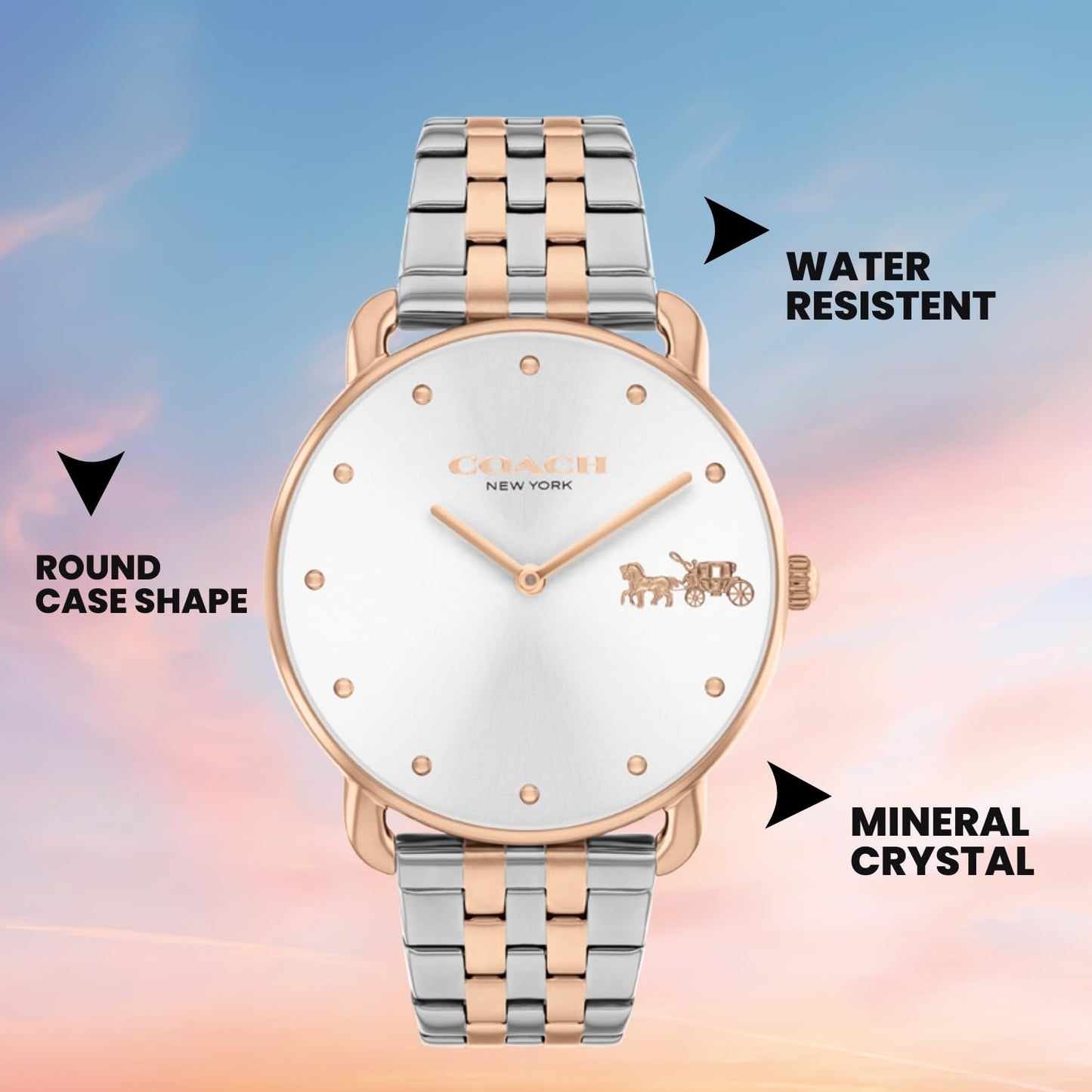 Coach Elliot Qtz Basic Silver White Round Dial Women's Analog Watch|Ionic Plated Rose Gold Steel Material|Gold Color Band - 14504293