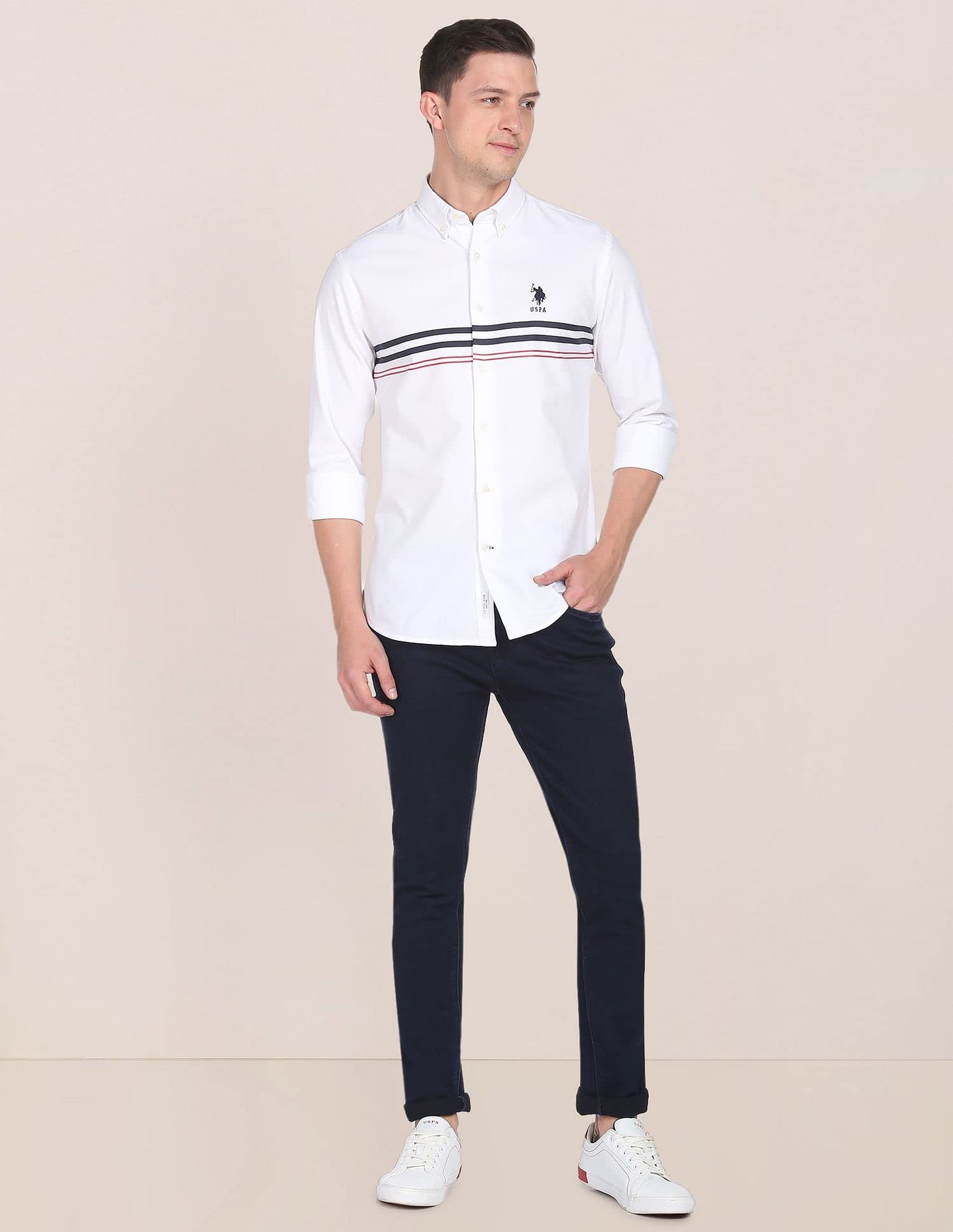 U.S. POLO ASSN. Mens Printed Engg Stripe FS Shirts (USSHTFX0027_White_M)