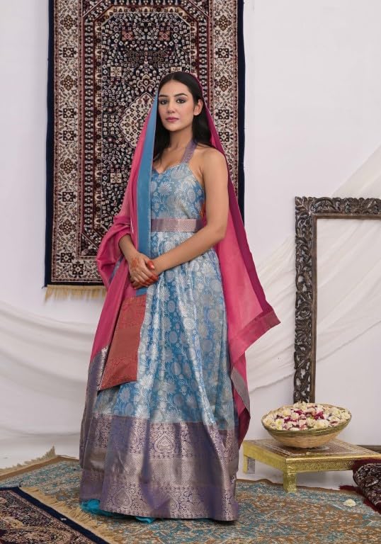 MAHUKAA Women's Kanjeevaram Gown With Dupatta For Festival & Function (Sky Blue & Pink) - Size: Medium
