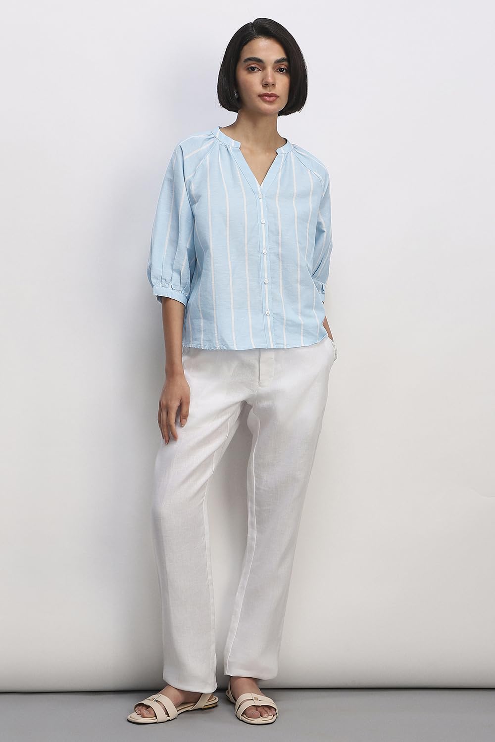 Women Light Blue Stripe Casual Top