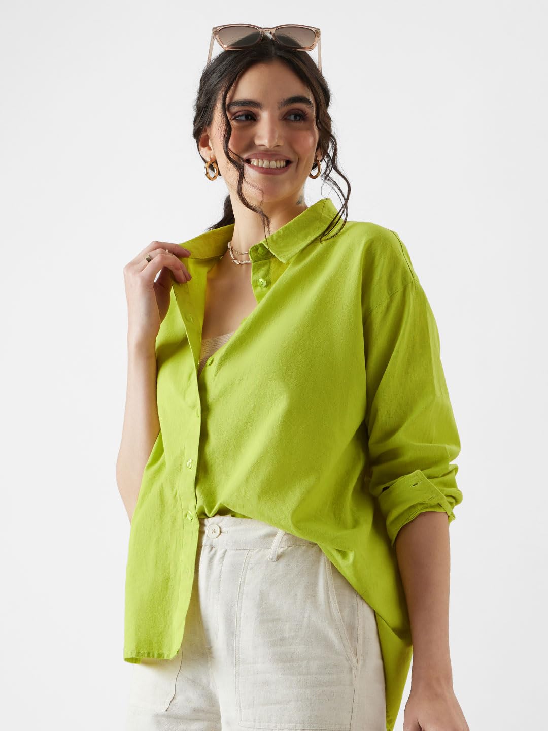 The Souled Store Solids: Moss Green Women Oversized Fit Full Sleeves Cotton Linen Boyfriend Shirts Casual Button-Down Half Sleeve Printed Graphic Short Sleeve Casual