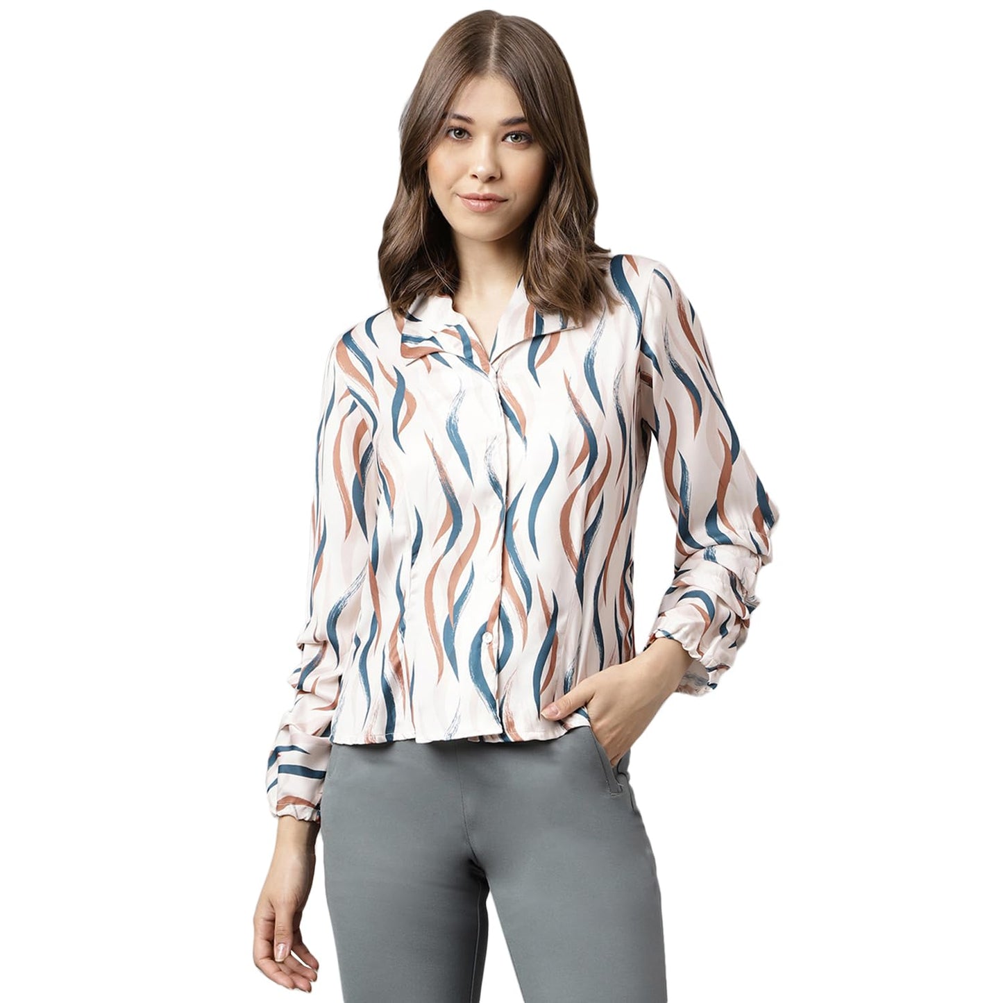 Latin Quarters Women Collar Neck Full Sleeve Printed Top Beige