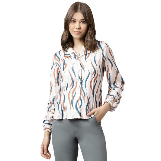 Latin Quarters Women Collar Neck Full Sleeve Printed Top Beige