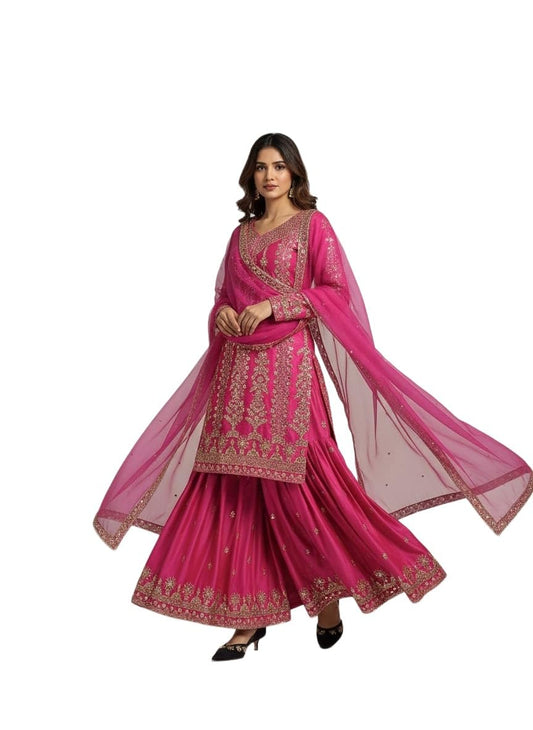 DEEMAULI ™ Presenting Salwar Suit Set Embroidered Kurta, Sharara & Dupatta Set Women Floral Zari and Sequinned Embroidered (Bright Pink)