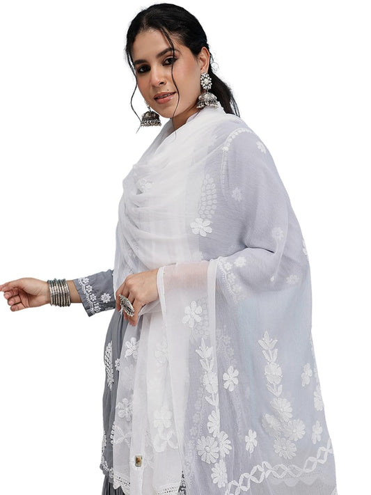 Ada Women's Traditional Hand Embroidered Chikankari Ethnic Wear Chiffon Dupatta A511182 White