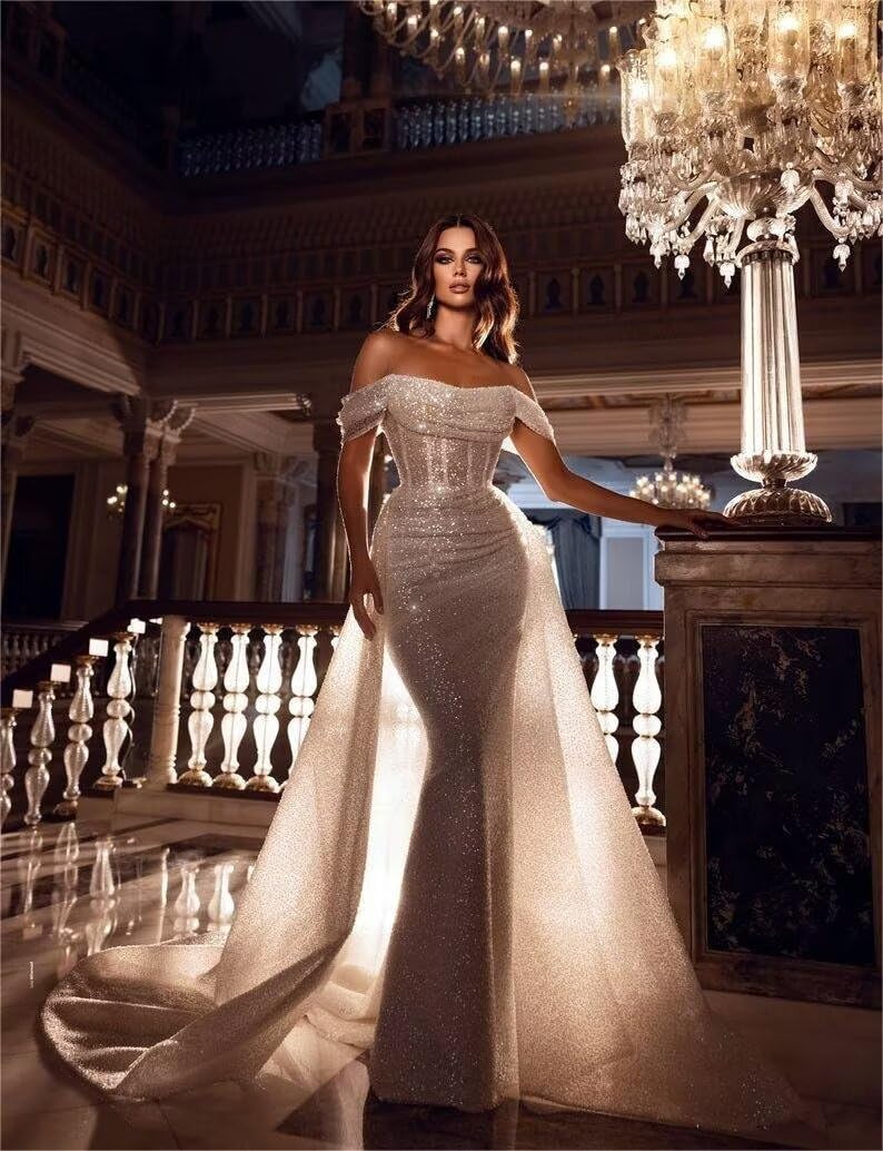 Sparkly Mermaid Prom Dresses for Women Sequin Off The Shoulder Detachable Train Evening Dresses Long Ball Gown, Emerald Green, 14