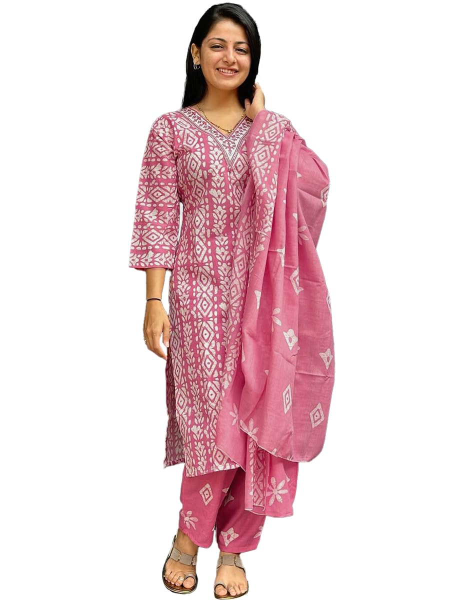 Sun Fashion And Lifestyle Women's Mix Cotton Stitched Straight Neck Work Printed Calf Length Kurta Suit Sets (KPD50_Peach_L)
