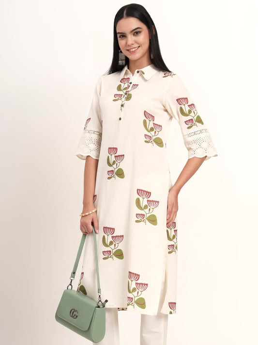 Divena Off White Floral Cotton A-Line Kurta (DBK1454)