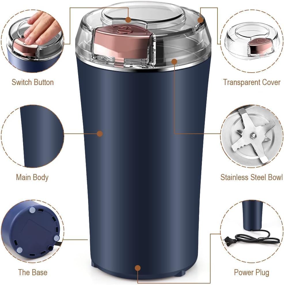QONETIC 4-Blade Electric Coffee & Spice Grinder – Stainless Steel Portable Mixer for Masala, Herbs, Dry Spices & Nuts – Push Button Control, Compact & Durable for Home Kitchen