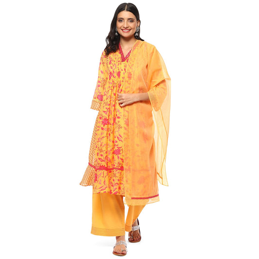 BIBA WOMEN PRINTED STRAIGHT SALWAR KURTA DUPATTA(SKDBLOOM8659_YELLOW_38)