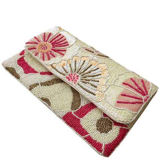 MFU-MADE FOR YOU Handmade Beaded Clutch Wallet for Women (Pack of 1) | White Multicolor Floral Party Purse with String | Elegant Traditional Handbag | Designer Gift Pouch for Her