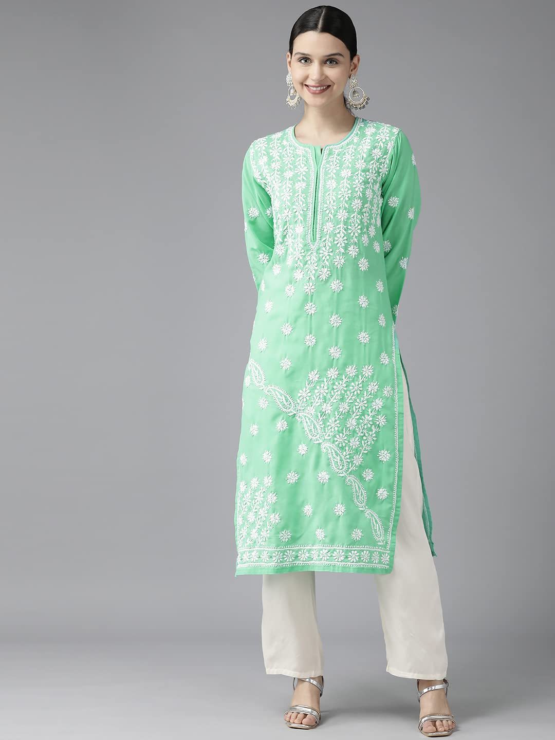 Ada Hand Embroidered Lucknowi Chikan Sea Green Cotton Kurta Kurti Tunic for Women A411418 (L)