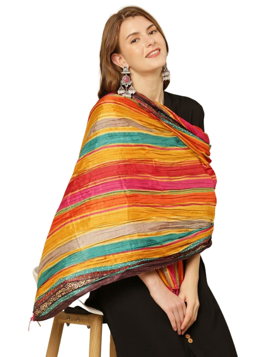 DUPATTA BAZAAR Women's Striped Print Multicoloured Art Silk Crushed Dupatta, Free Size