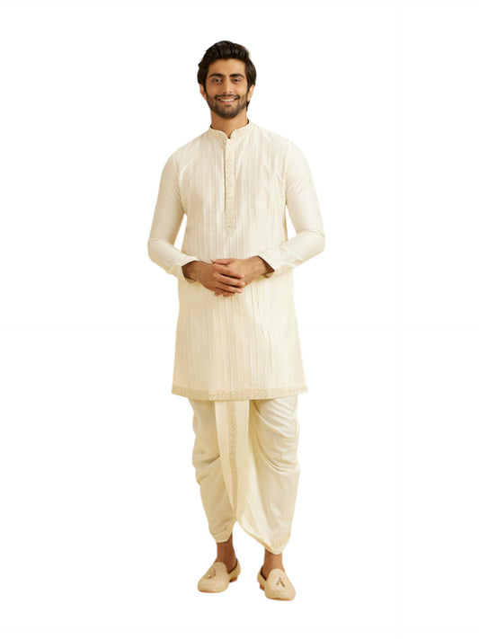 Manyavar Men's Viscose Blend Self Design Kurta Dhoti Set (Warm White,L)
