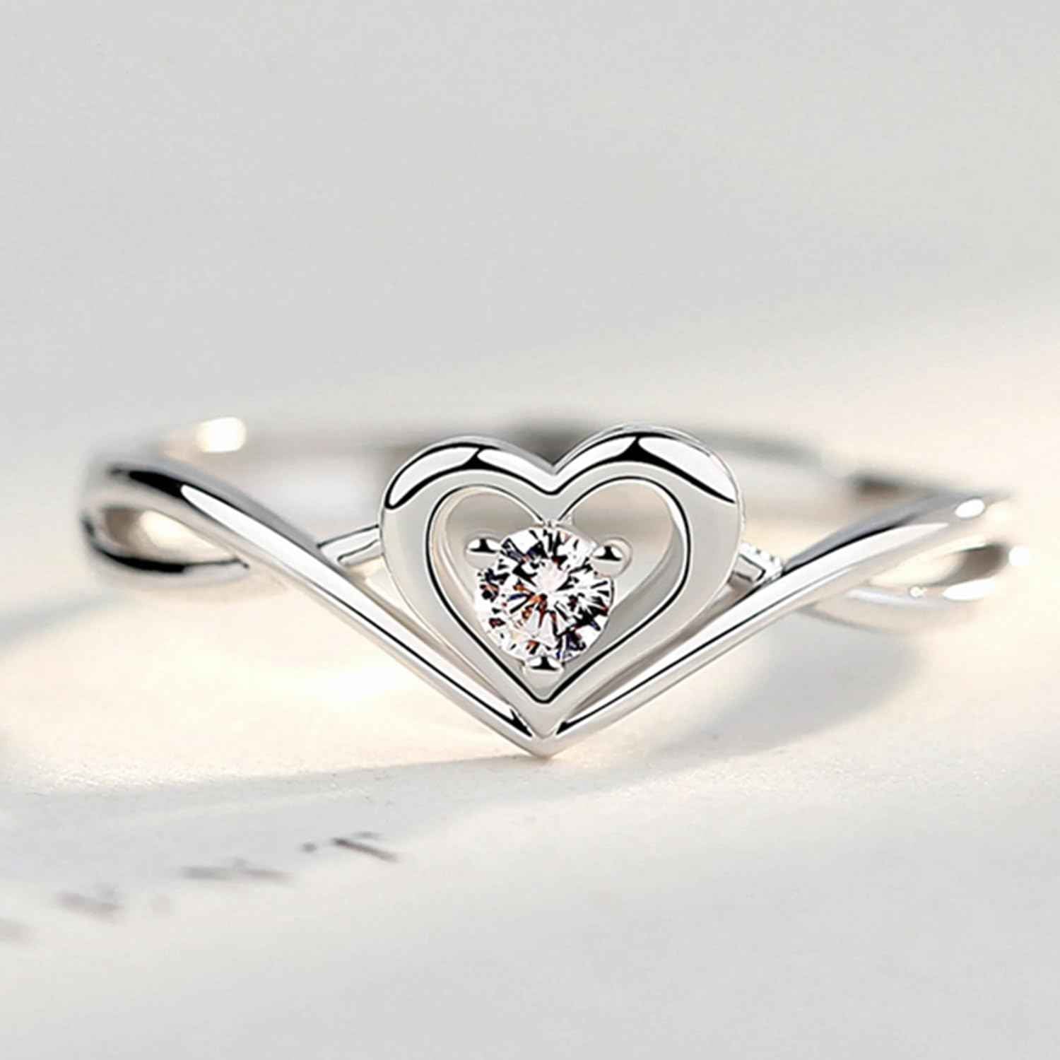 Okos Women Fashion Jewellery Rhodium Plated Solitaire Style Adjustable Heart Finger Ring with Cz Stone For Girls and Women FR1000970WHT