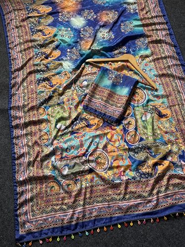 SHANTVAN GALLERY Women's Roman Silk 3D Position Print Peacock Saree with Real Mirror Work & Kodi Latkan – Festive Occasion Saree with Blouse Piece (Royal Blue)