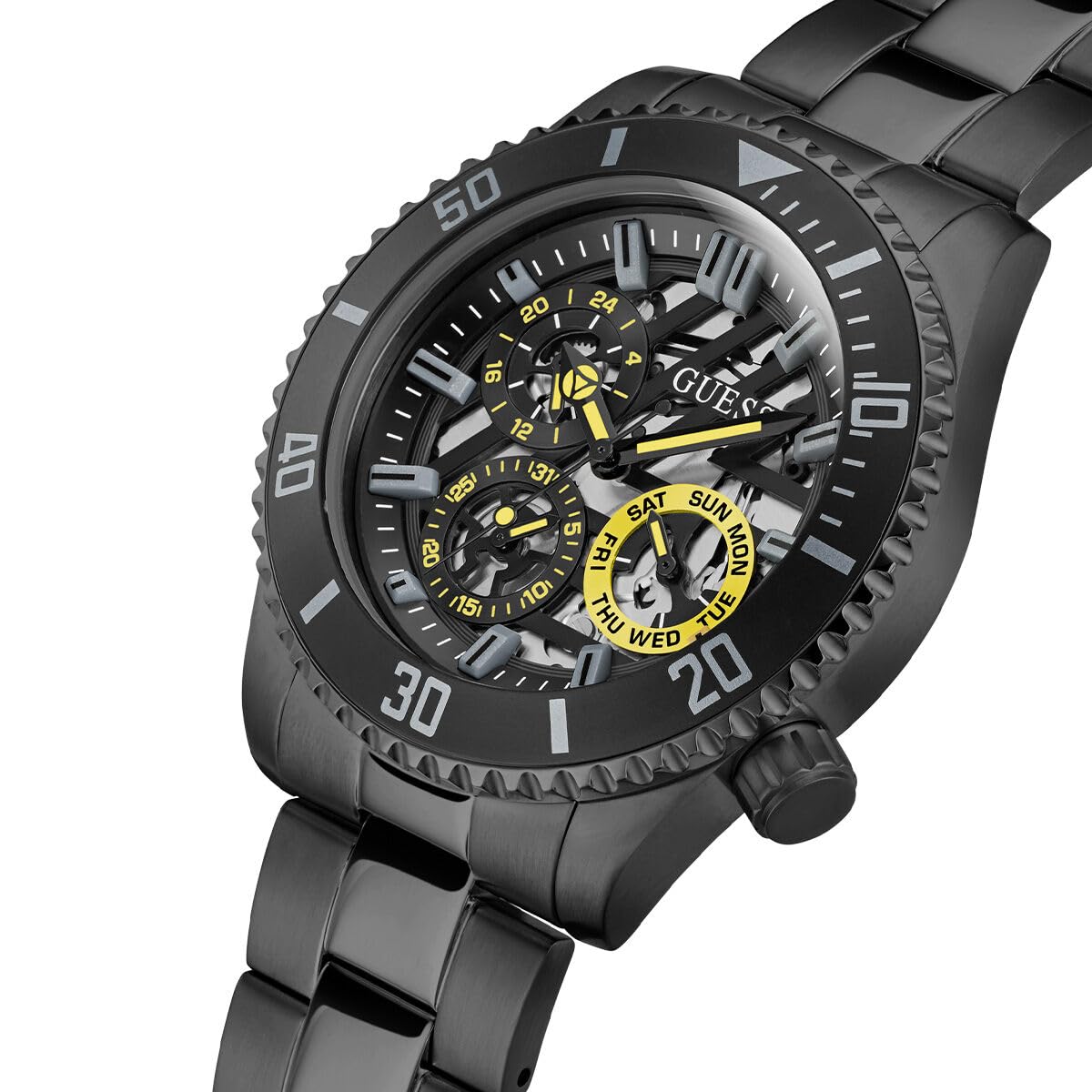 GUESS AXLE Collection Multi-Function Mens Analog Black Dial Coloured Quartz Watch, Round Dial with 45 mm Case Width - GW0488G3