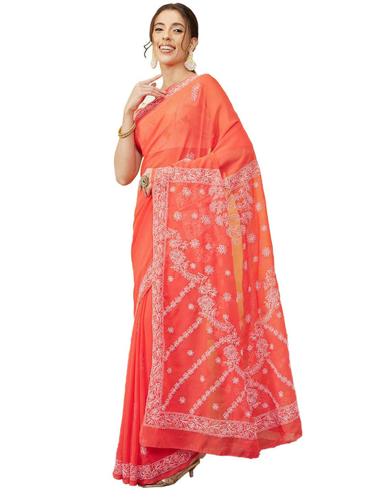 Ada Women's Hand Embroidered Lucknow Chikan Faux Georgette Saree with Blouse A219386 Carrot Pink