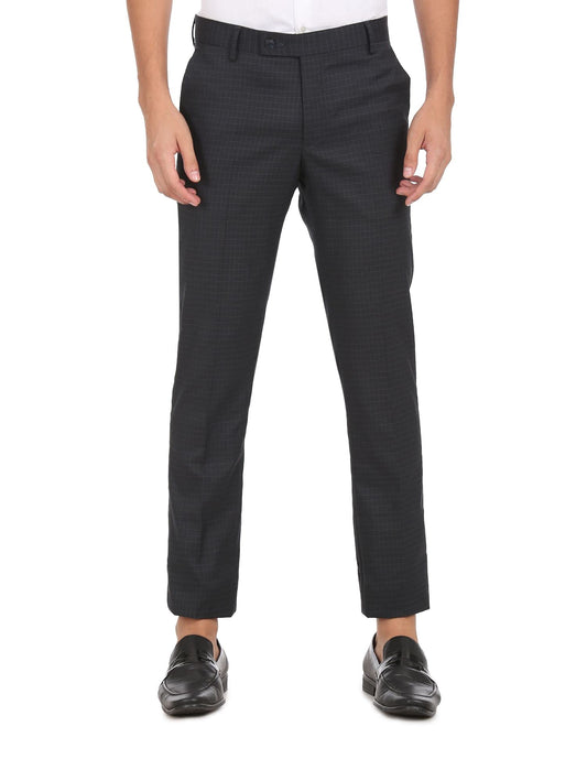 Arrow Men's Checkered Tailored Fit Polyester Formal Trouser Navy