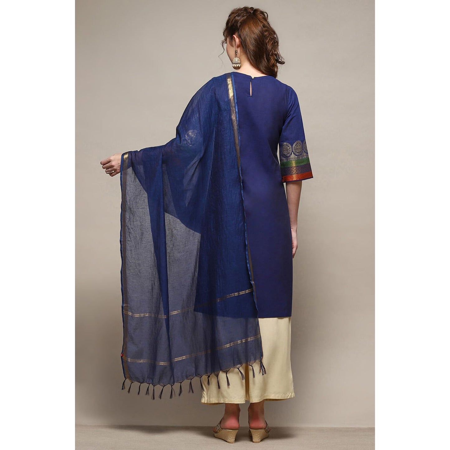 BIBA Women's Navy Cotton Blend Yarn dyed Dupatta