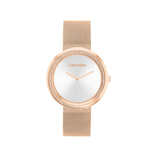 CALVIN KLEIN Twisted Bezel Qtz Basic Slim Silver White Round Dial Women's Watch|Ionic Plated Rose Gold Steel Material|Rose Gold Color Band - 25200312