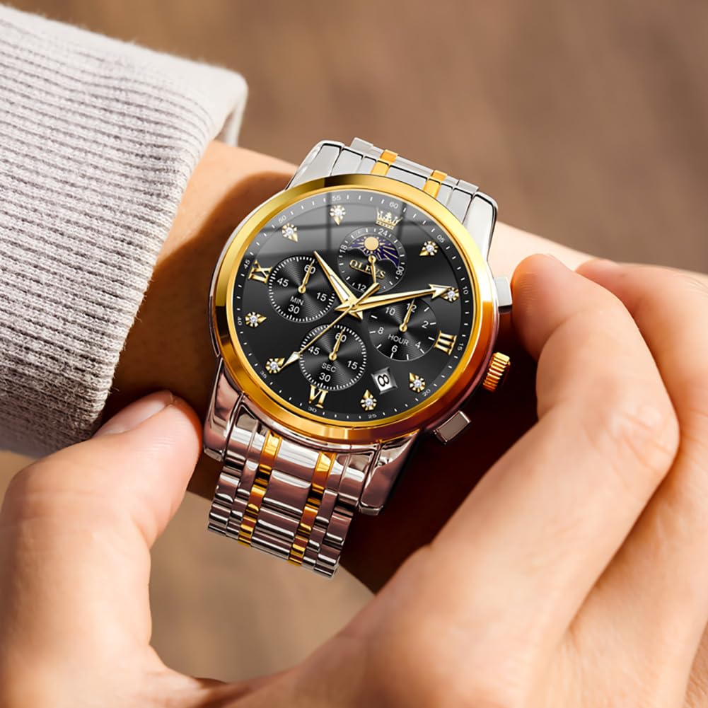 OLEVS Watch for Men Diamond Business Dress Analog Quartz Stainless Steel Waterproof Luminous Date Two Tone Luxury Casual Wrist Watch, silver black watches 3655, men watch