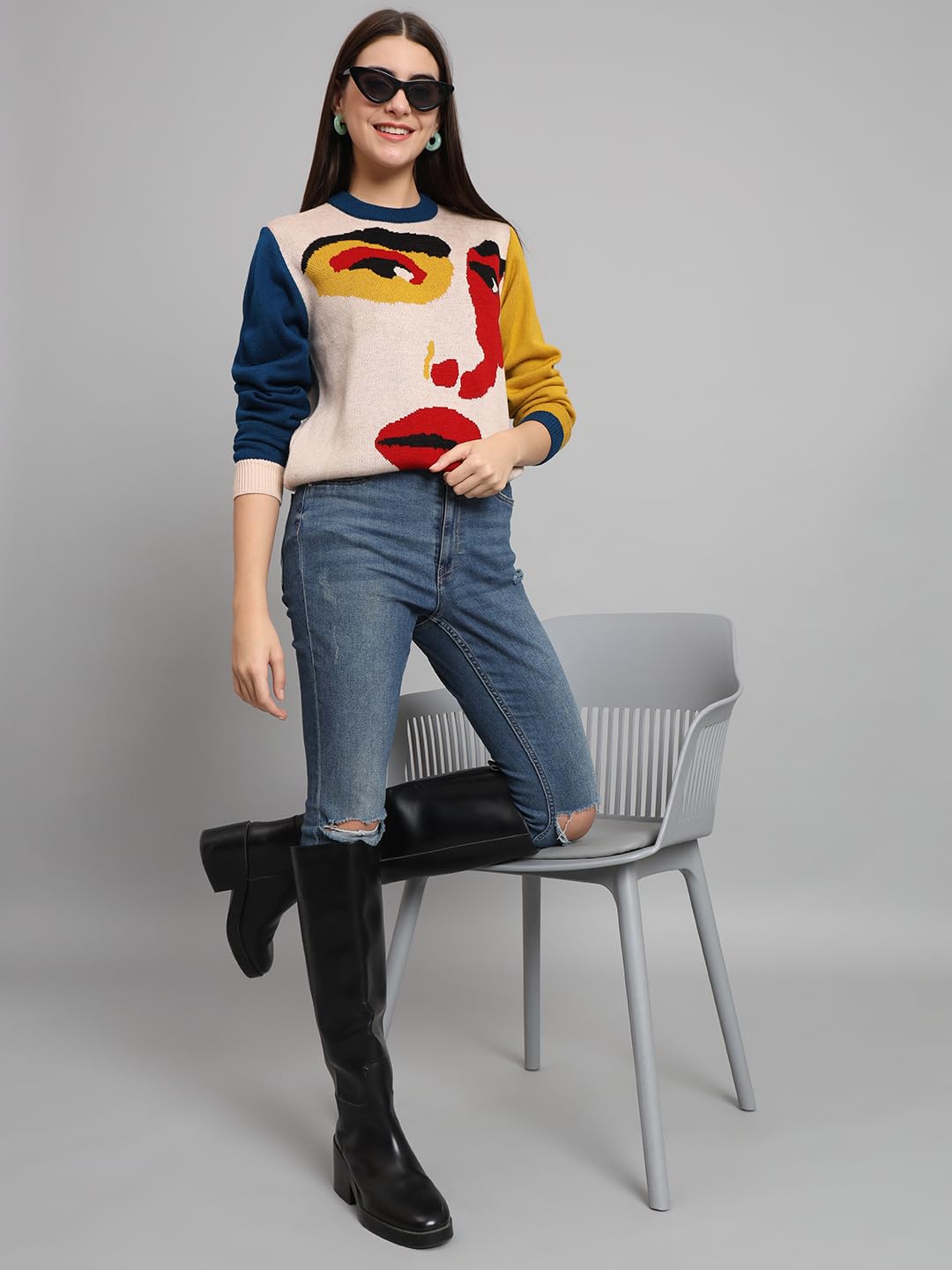 THE DRY STATE Womens Facial Expression Graphic Multicolour Pullover Sweater