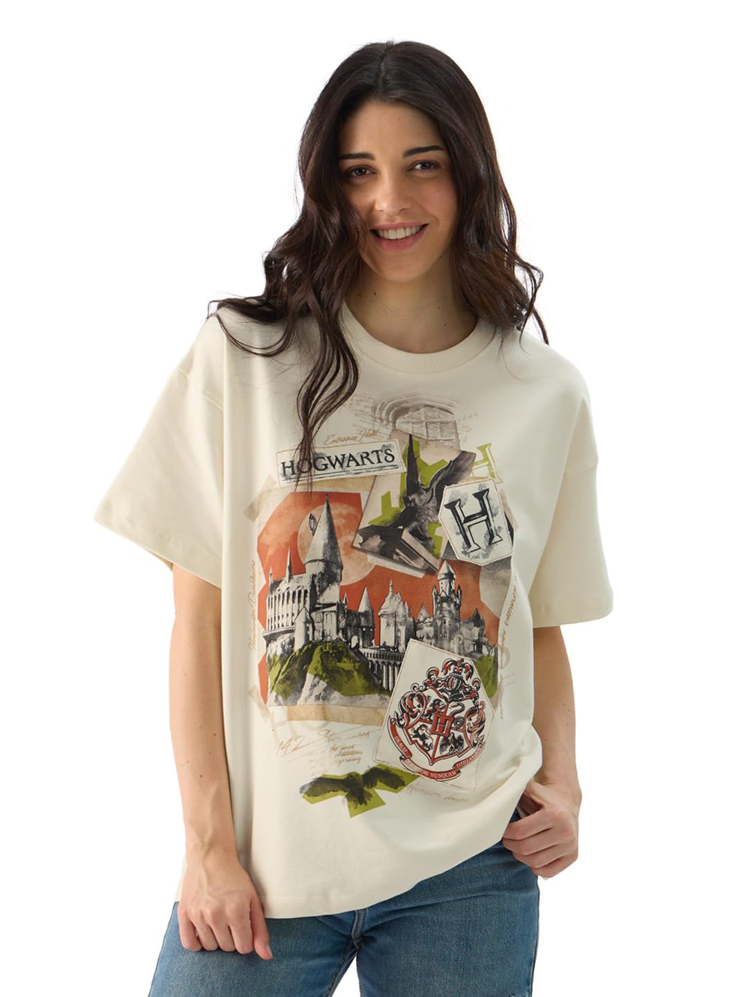 The Souled Store Official Harry Potter: Hogwarts Women and Girls Short Sleeve Round Neck Off White Graphic Printed Cotton Oversized T-Shirts