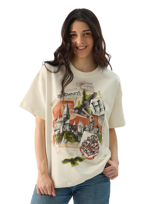 The Souled Store Official Harry Potter: Hogwarts Women and Girls Short Sleeve Round Neck Off White Graphic Printed Cotton Oversized T-Shirts