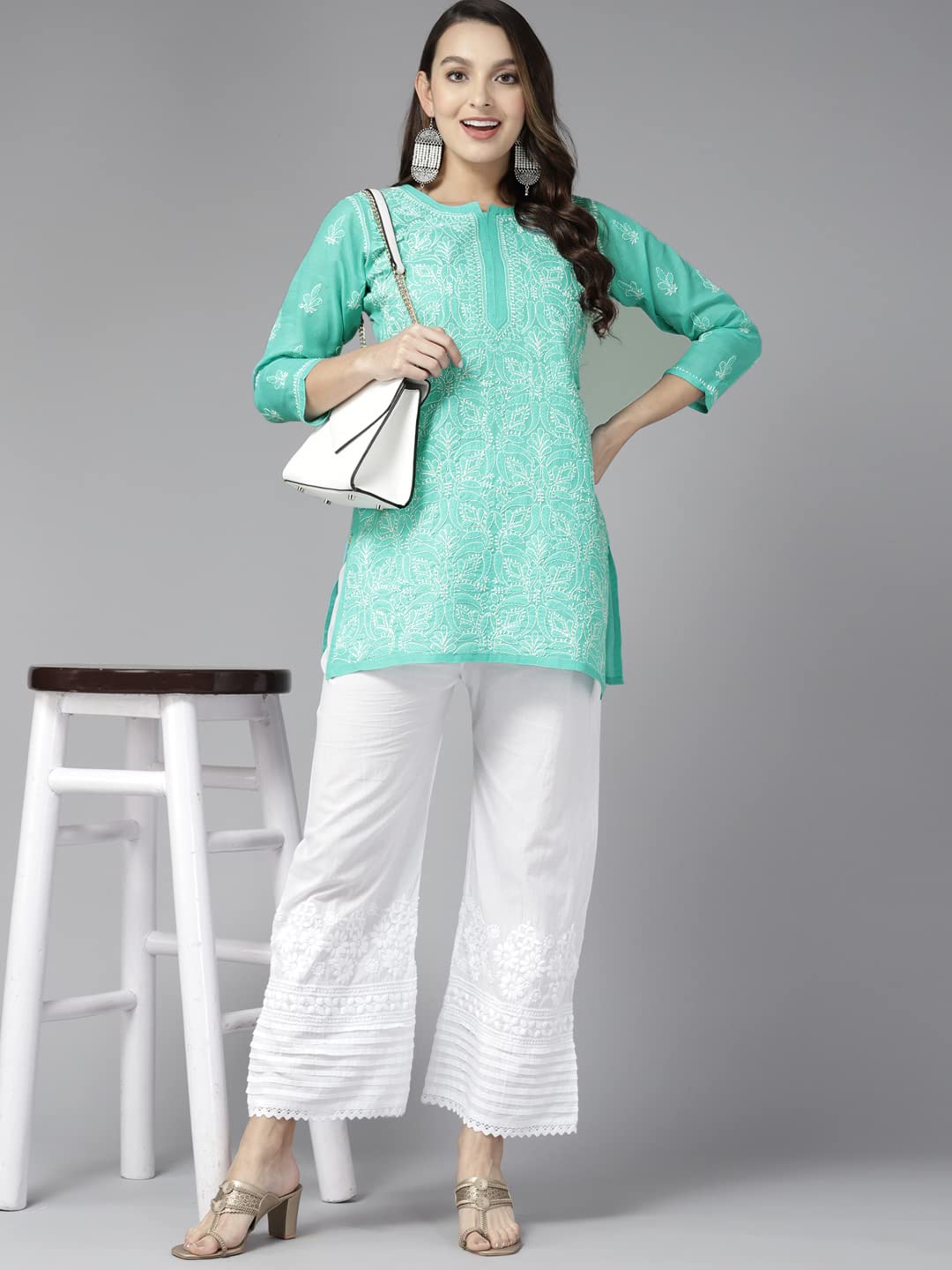 Ada Lucknowi Hand Embroidered Chikankari Sea Green Cotton Top Tunic Kurti for Women A911282 (XL)