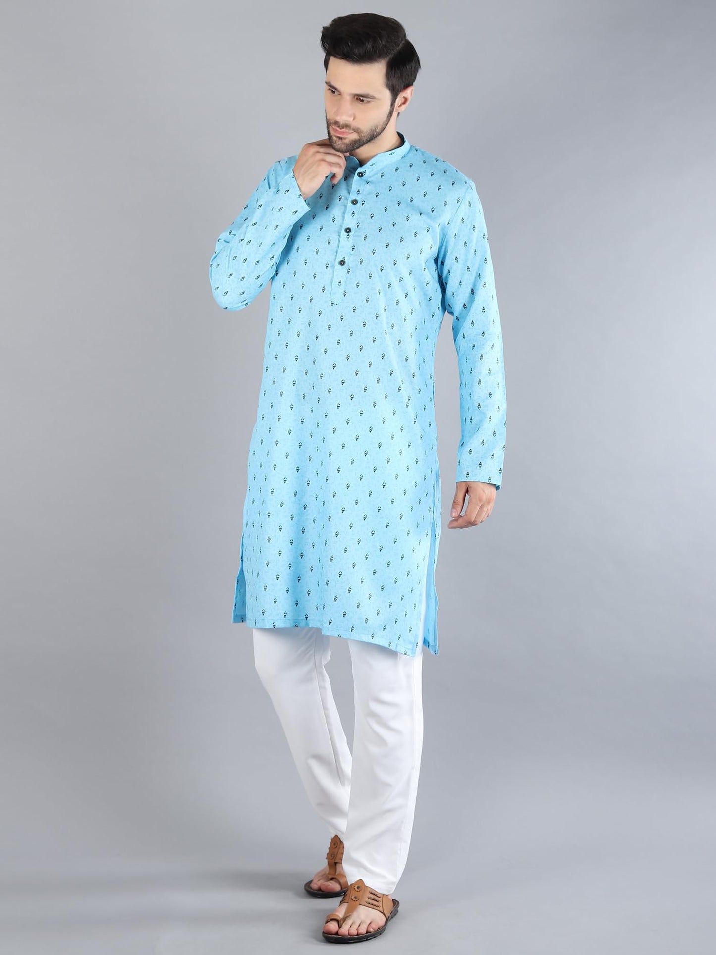 Uri and MacKenzie Mens Cotton Woven Casual Kurta Pajama set (46, Sky Blue Kurta & White Pant)