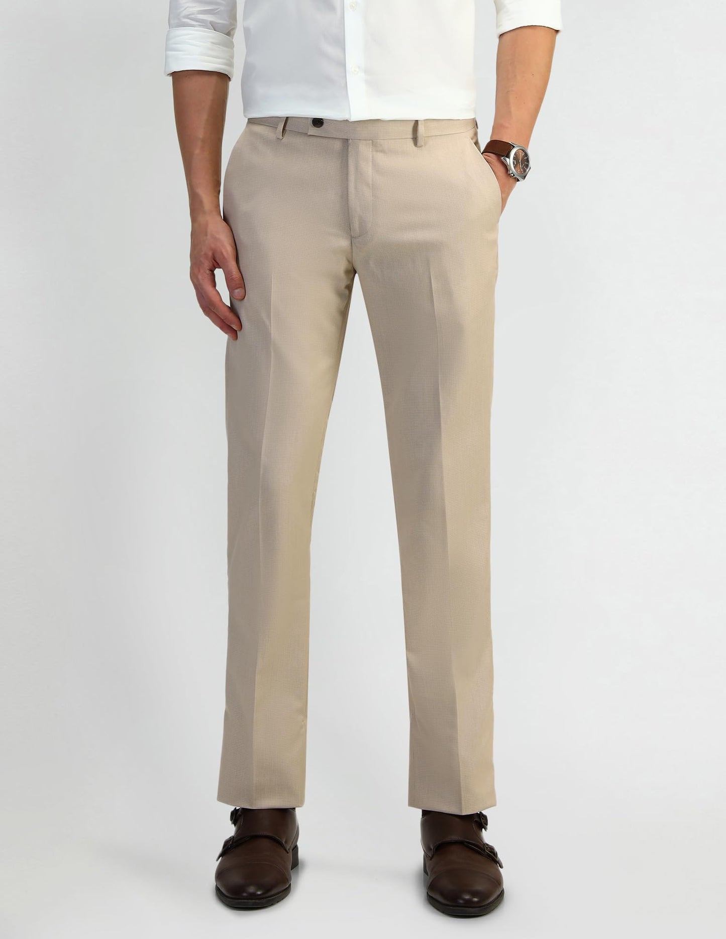 Arrow Men's Beige Textured Mid Rise Polyester Button Tapered Fit Flat Front Slant Pocket Trousers (ARAEOTR1604_Beige_34)