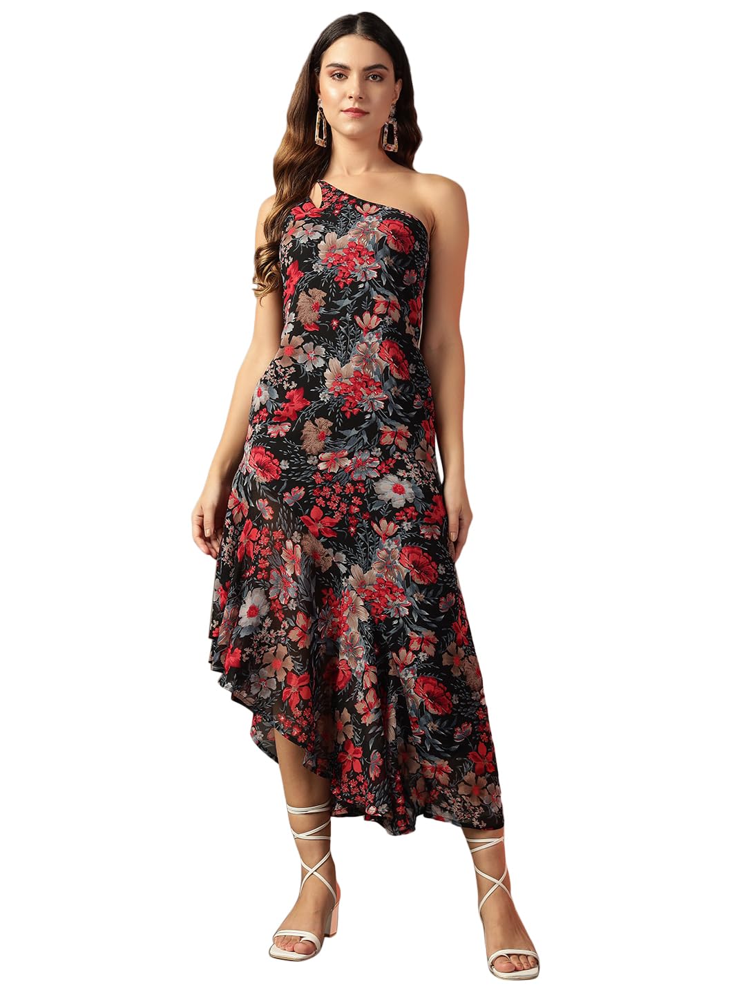 Trend Arrest.ed Women's Polyester Fit and Flare Midi Dress (D5378_Black 1_M)