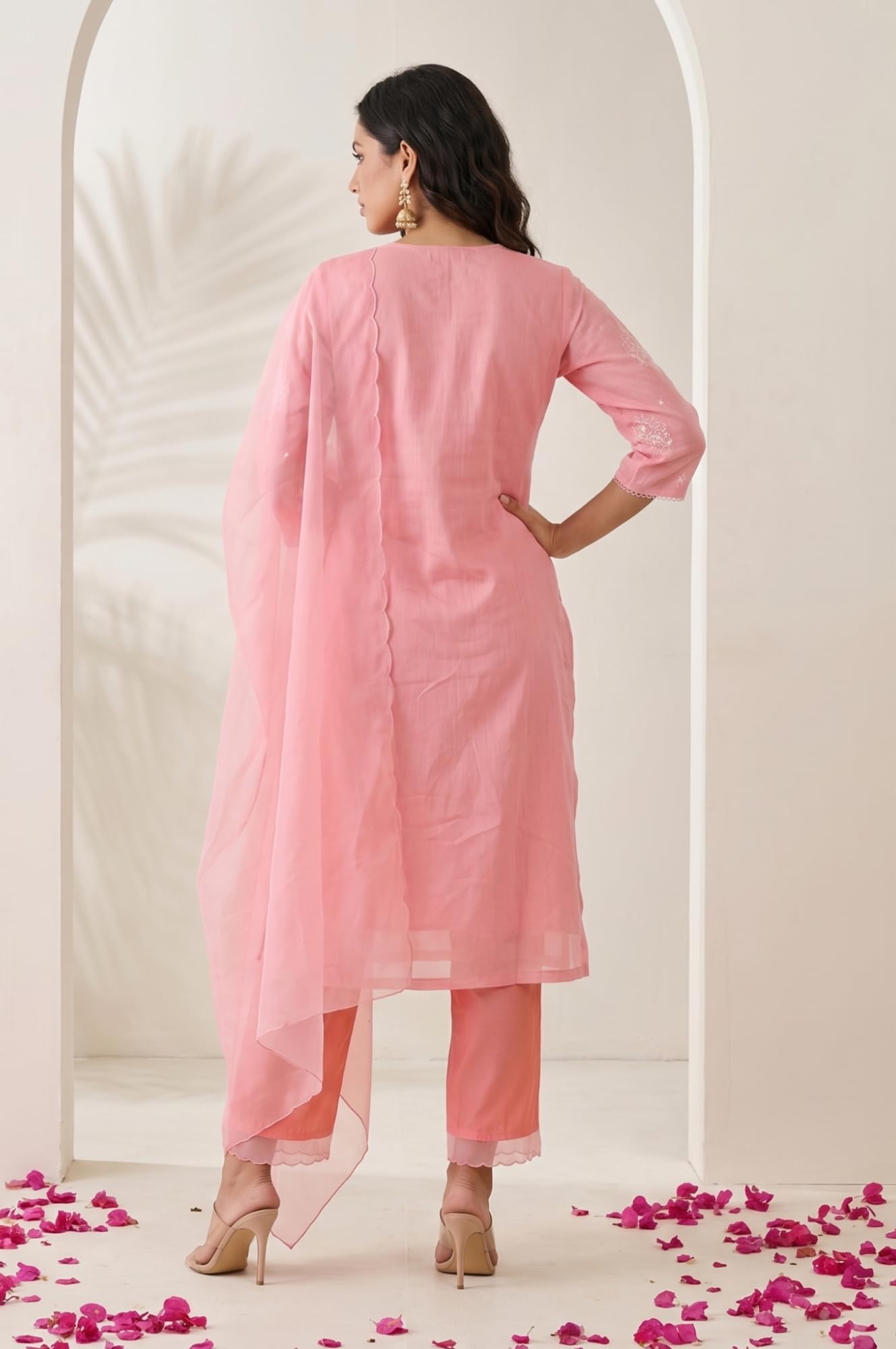 W for Woman Pink Thread Embroidered Chanderi Straight Kurta with Pants and Dupatta Set - (WS13881-401118-XL)