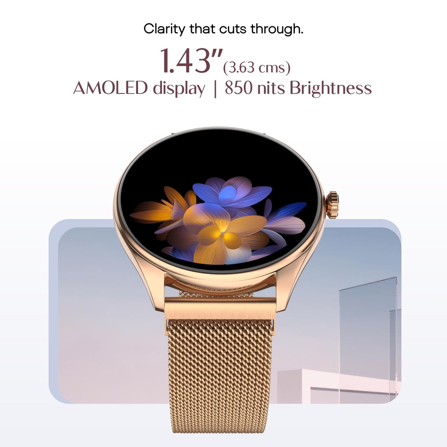 Noise Twist 2 Smart Watch with 1.43” AMOLED Screen, AI Search & Voice Assistant, Bluetooth Calling, Stainless Steel Back, 7-Day Battery, 100+ Watch Faces, Health Suite, IP68 (Gold Link)