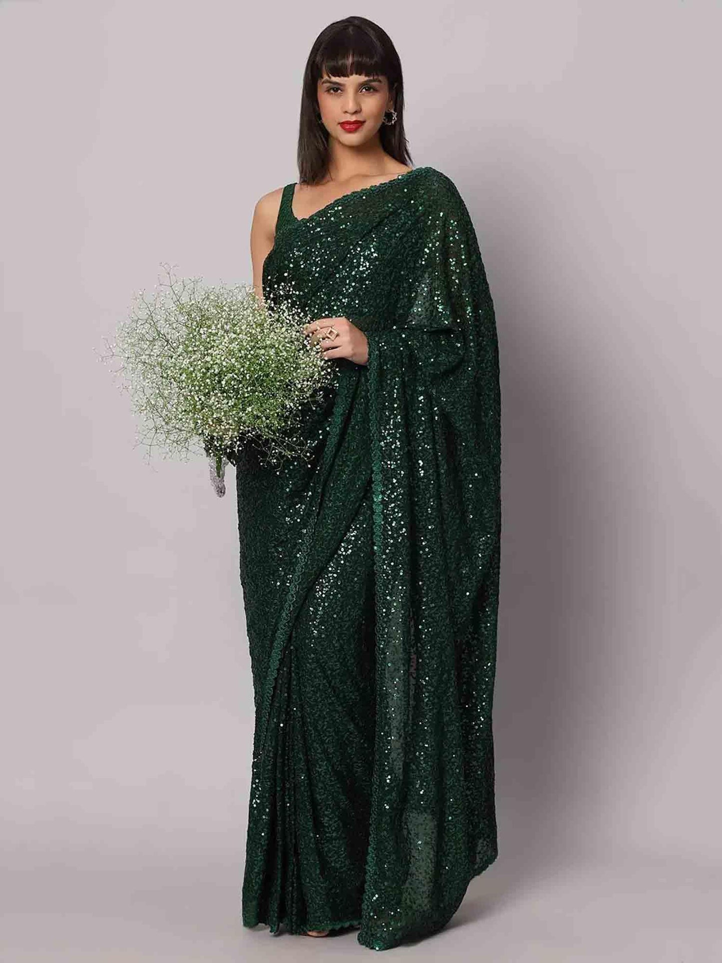 Zeel Clothing Women's Dark Green Sequins Work Heavy Georgette Saree with Blouse (1008-Deep-Green-Sequins-Party-Saree-New, Deep Green)