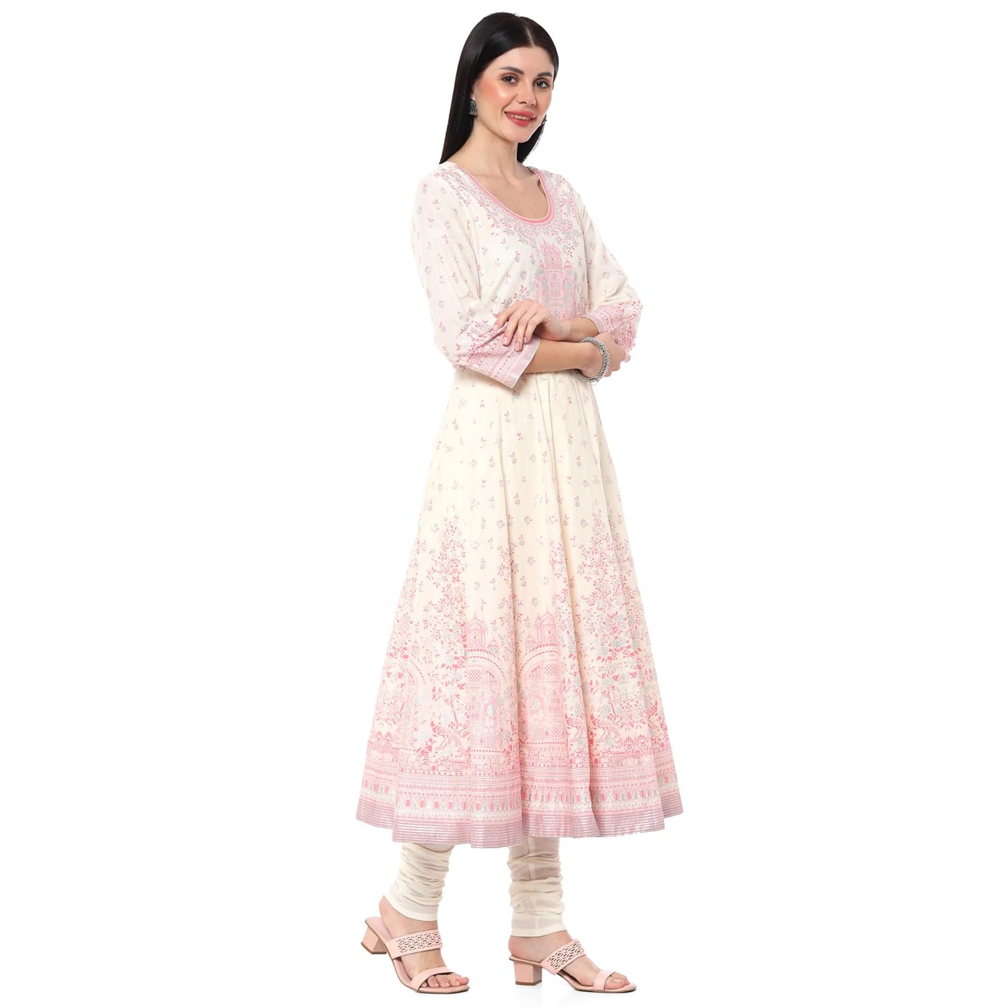 BIBA Cotton Women Printed Anarkali Salwar Kurta Dupatta(Skdshwet Sa8635_Off White_42)