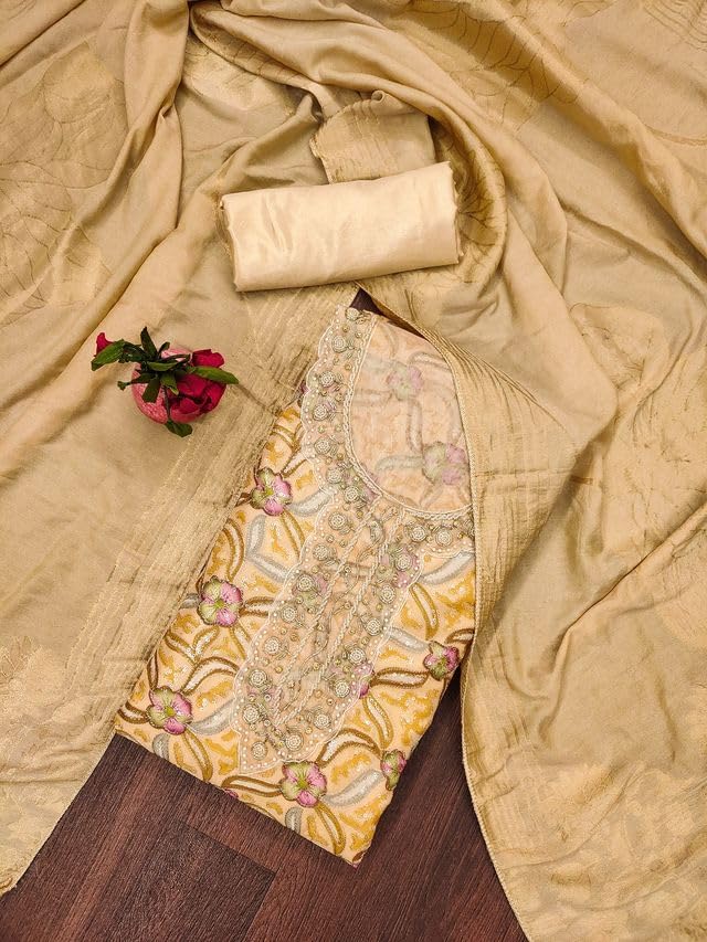 VARNI FABRICS Organza Dress Material for Women Floral Print Unstitched Woman Salwar Suit Dress Material With Organza Dupatta Beige
