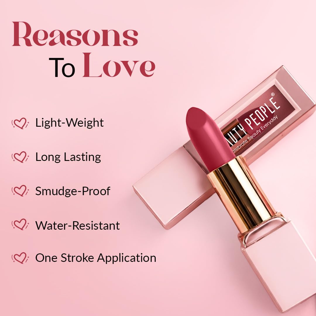 Beauty People Glorified Matte Lipstick, Metallic Lip Colour, Moisturises & Hydrates Lips, 8 Hour Colour Stay, Longlasting, Waterproof, With Jojoba Oil & Vitamin E, Shade Easy Berry, 3.8gm