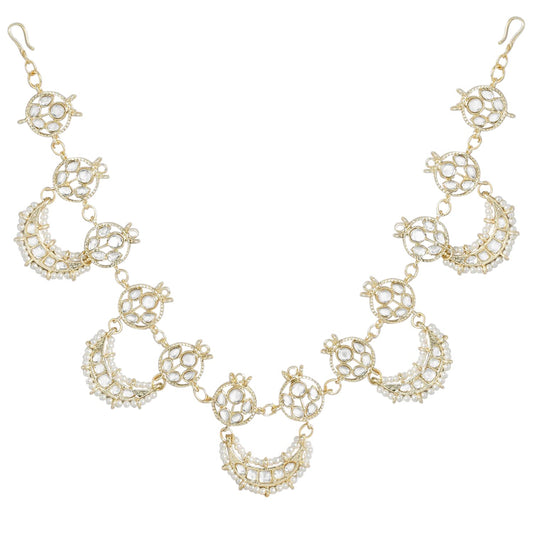 Peora Gold Plated Traditional Floral Kundan Pearl Studded Rajasthani Sheeshpatti Sheeshphool Mathapatti Hair Jewellery for Women