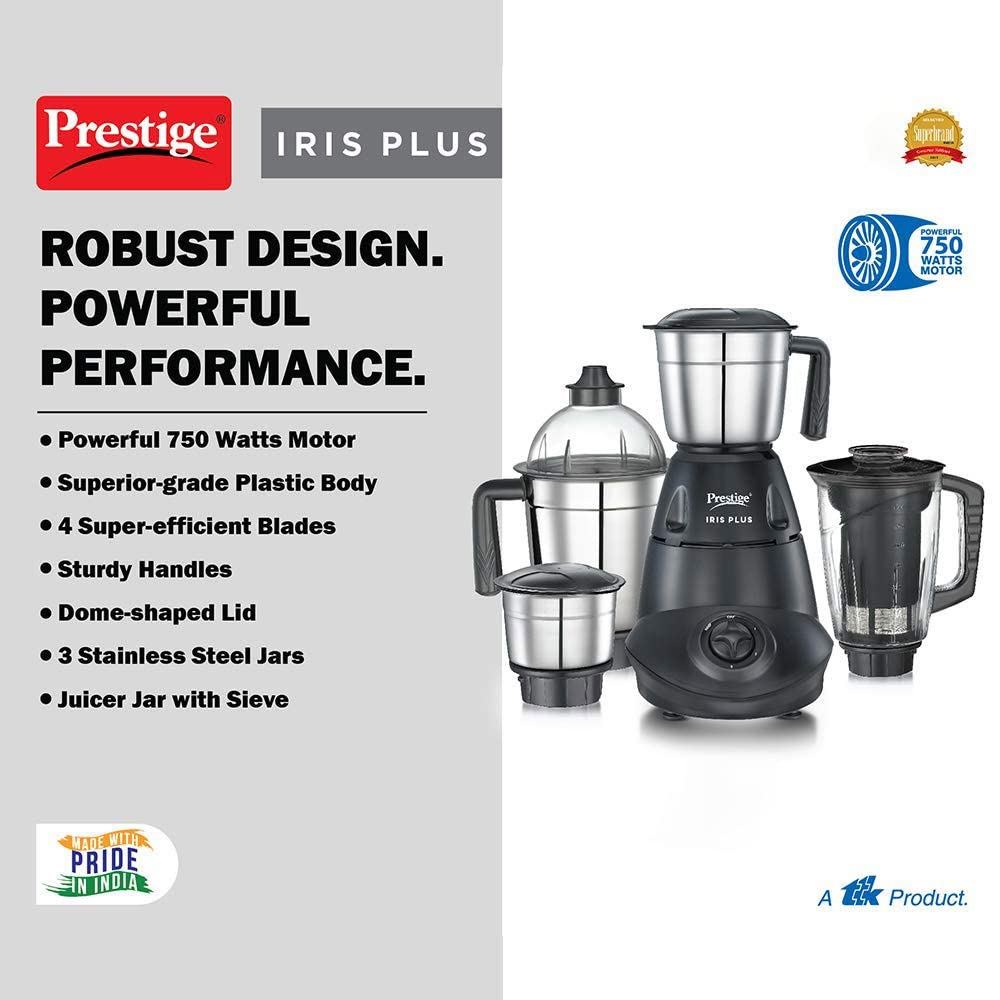 Prestige Iris 750 Watt 4 Jar Mixer Grinder | 3 Stainless Steel Multipurpose Jars and 1 Juicer Jar | Black | 750W