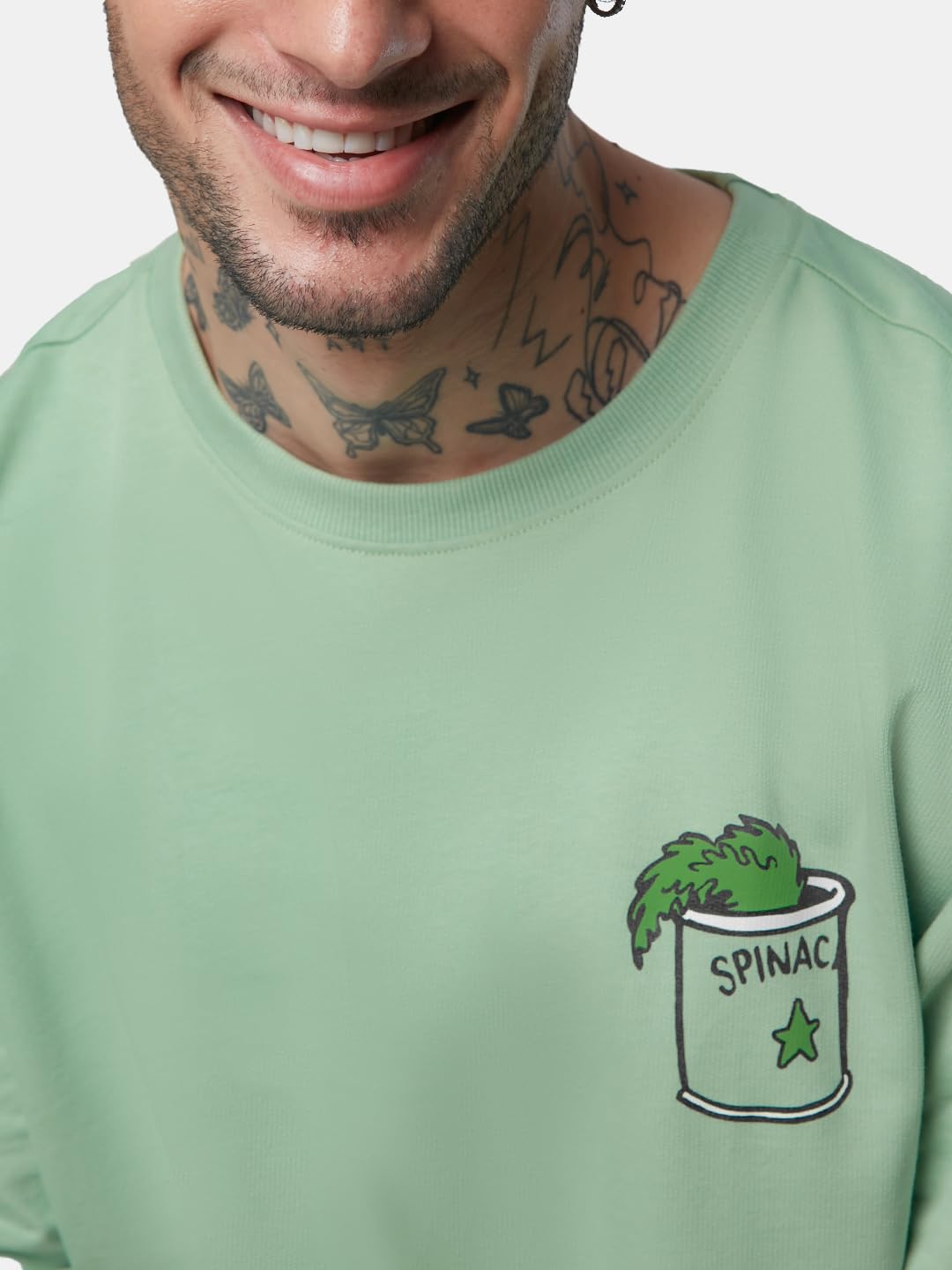 The Souled Store Official Popeye: Spinach Power Men Oversized T-Shirts Sage Green