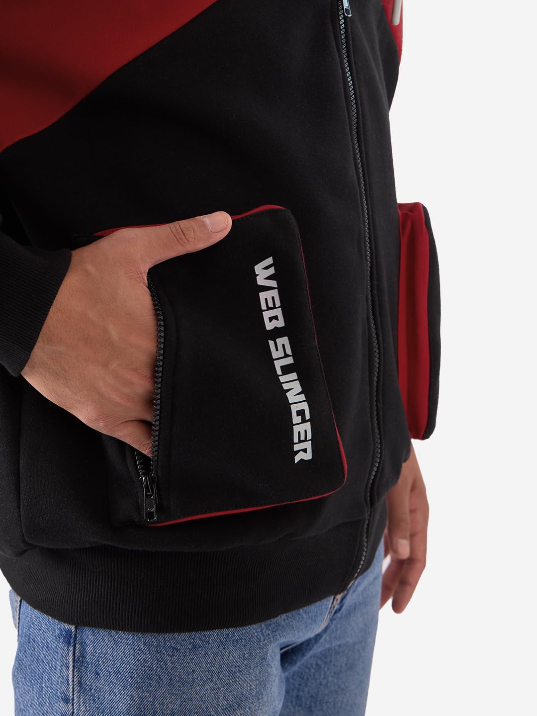 The Souled Store Spiderman: Beyond Amazing Men and Boys Hooded Neck Long Sleeve Graphic Printed Black and Grey Oversized Fit Zipper Hoodie Oversized Hoodies Sweatshirts Pullovers Graphic Printed