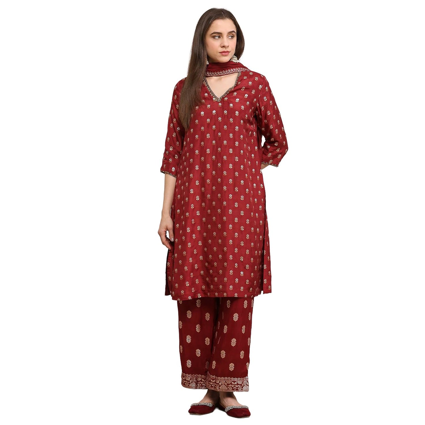 Biba Women Green-Maroon Viscose Gathered Yarndyed Suit Set_42
